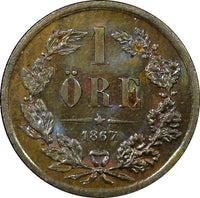 Sweden Carl XV Adolf Bronze 1867 L.A.  1 Ore UNC Nice Toned KM# 705 (22 257)