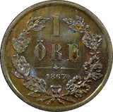 Sweden Carl XV Adolf Bronze 1867 L.A.  1 Ore UNC Nice Toned KM# 705 (22 257)