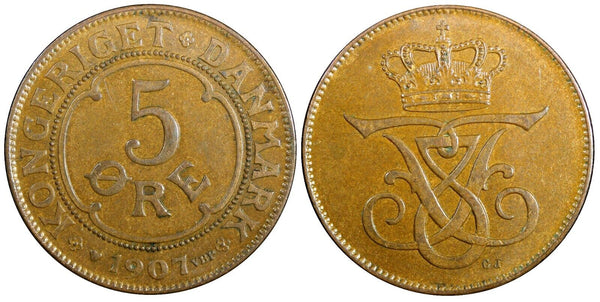 Denmark Frederik VIII Bronze 1907 VBP; GJ 5 Ore UNC Condition KM# 806 (23 804)