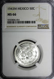 MEXICO ESTADOS UNIDOS MEXICANOS Silver 1943 M 50 Centavos NGC MS66 KM# 447 (051)