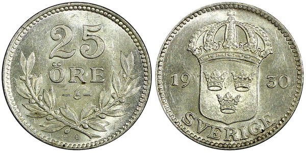 Sweden Gustaf V Silver 1930 G  25 Öre aUNC  KM# 785 (22 052)