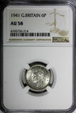 GREAT BRITAIN George VI Silver 1941 6 Pence NGC AU58  KM# 852