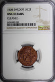 SWEDEN Gustaf IV Copper 1808 1/12 Skilling NGC UNC DETAILS RED ! KM# 563 (049)