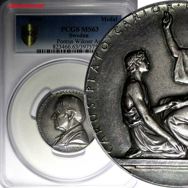SWEDEN SILVER MEDAL 1938 Pontus Wikner(1837-1888) by Erik Lindberg PCGS MS63(6)
