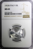 Italy Aluminium 1953 R 10 Lire NGC MS65 TOP GRADED KM# 93 (39)