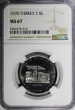 Turkey 1970 2 1/2 Lira NGC MS67 Mintage-200,000 TOP GRADED KM# 896 (010)