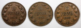 Finland Nicholas II Copper LOT OF 3 COINS 1905-1908 10 Penniä  KM# 14 (20 899)