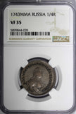 RUSSIA Elizabeth Silver 1743 MMD Polupoltinnik NGC VF35 RARE TOP GRADED C# 17(9)