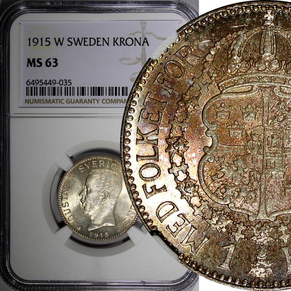 SWEDEN Gustaf V Silver 1915 W 1 Krona NGC MS63 NICE TONED KM# 786.1 (035)