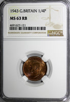 Great Britain George VI Bronze 1943 Farthing NGC MS63 RB KM# 843