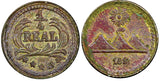 Guatemala Silver 1891 1/4 Real  sun above 3 volcanoes Toned  KM# 158 (22 696)