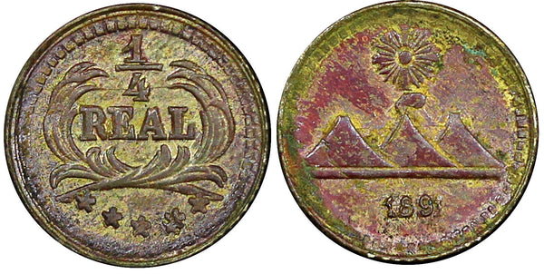 Guatemala Silver 1891 1/4 Real  sun above 3 volcanoes Toned  KM# 158 (22 696)