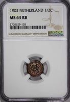 Netherlands Wilhelmina I Bronze 1903 1/2 Cent NGC MS63 RB 2 YEARS TYPE KM#133(5)