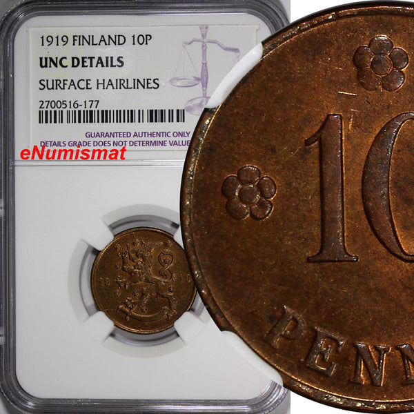 Finland Copper 1919 10 Pennia NGC UNC DET. 1st Year Type KM# 24 (177)