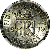 GREAT BRITAIN George VI Silver 1939 6 Pence NGC AU58  KM# 852