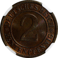 GERMANY, Weimar 1923-A 2 Rentenpfennig NGC MS65 BN TOP GRADED KM# 31 (125)