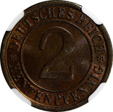 GERMANY, Weimar 1923-A 2 Rentenpfennig NGC MS65 BN TOP GRADED KM# 31 (125)