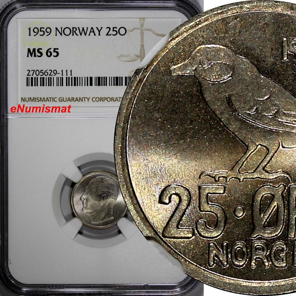 Norway Olav V Copper-Nickel 1959 25 Øre NGC MS65 LIGHT TONED  KM# 407 (111)