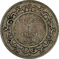 Tunisia Ali III Silver 1308 (1891) A 1 Franc Toned KM# 224 (19 021)