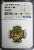 FRANCE Aluminum-Bronze 1922 1 Franc NGC UNC DET. Chamber of Commerce KM# 876 (9)
