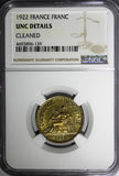 FRANCE Aluminum-Bronze 1922 1 Franc NGC UNC DET. Chamber of Commerce KM# 876 (9)