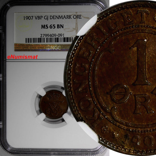 Denmark Frederik VIII Bronze 1907 1 Ore NGC MS65 BN KEY DATE KM# 804 (091)