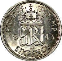 Great Britain George VI Silver 1943 6 Pence WWII Issue Unc KM# 852 (21 100)