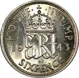 Great Britain George VI Silver 1943 6 Pence WWII Issue Unc KM# 852 (21 100)