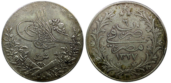 EGYPT Muhammad V Silver 1327/6 H ( 1913 ) 20 Qirsh CROWN Heaton 40mm KM# 310 (9)