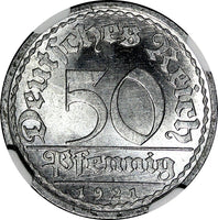 Germany, Weimar Republic 1921 A 50 Pfennig NGC MS64 Berlin Mint KM# 27 (043)