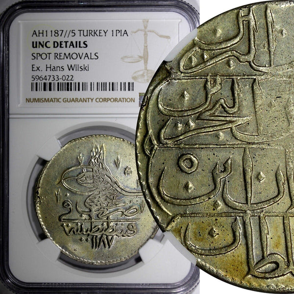 Turkey Silver AH1187 5 (1778) 1  Piastre NGC UNC DETAILS KM# 396 EX. WILSKI (2)