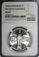 Switzerland Silver 1963 5 Francs Red Cross Centennial NGC MS63 KM# 51 (13)