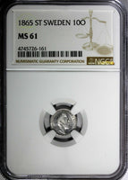 SWEDEN Carl XV Adolf Silver 1865 ST 10 Ore NGC MS61 Mintage-560,000 KM# 710