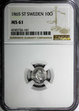 SWEDEN Carl XV Adolf Silver 1865 ST 10 Ore NGC MS61 Mintage-560,000 KM# 710