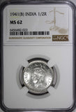 India-British George VI Silver 1941 (B) 1/2 Rupee Bombay NGC MS62 KM# 551 (023)