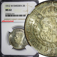 SWEDEN Gustaf V Silver 1912 W 2 Kronor NGC MS62 TOP GRADED  RARE  KM# 787 (019)