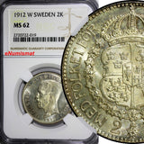SWEDEN Gustaf V Silver 1912 W 2 Kronor NGC MS62 TOP GRADED  RARE  KM# 787 (019)