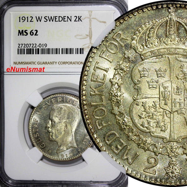 SWEDEN Gustaf V Silver 1912 W 2 Kronor NGC MS62 TOP GRADED  RARE  KM# 787 (019)