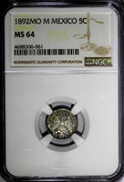 Mexico SECOND REPUB.Silver 1892 MO M 5 Centavos NGC MS64 NICE TONED KM# 398.7