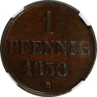 Germany HANNOVER Ernst August 1850-B 1 Pfennig NGC UNC DETAILS KM# 201.1 (208)