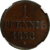 Germany HANNOVER Ernst August 1850-B 1 Pfennig NGC UNC DETAILS KM# 201.1 (208)
