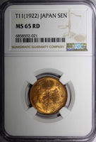 JAPAN Taishō Bronze T1 (1922)  1 Sen NGC MS65 RD NICE RED Y# 42 (021)