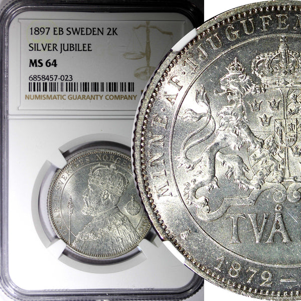 SWEDEN Silver Jubilee Oscar II 1897 EB 2 Kronor NGC MS64 NICE TONED KM# 762 (23)