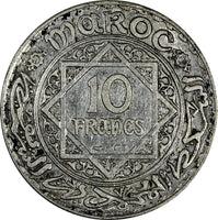 Morocco Mohammed V Silver AH1347 (1928) 10 Francs aUNC  Y# 38 (19 706)