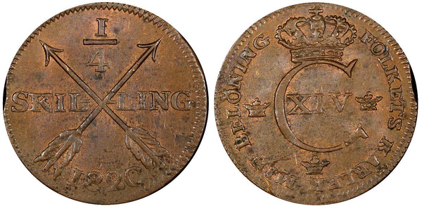 Sweden Carl XIV Johan Copper 1820 1/4 Skilling UNC KM# 595 (21 225)