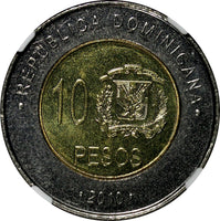 DOMINICAN REPUBLIC 2010 10 Pesos NGC MS65 MELLA  Poland Mint KM# 106 (019)
