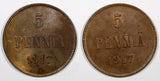 FINLAND Civil War Nicholas II LOT OF 2 COINS 1917 5 Penniä UNC KM# 17 (20 884)