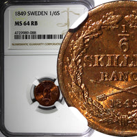 SWEDEN Oscar I Copper 1849 1/6 Skilling Mintage-536,544 NGC MS64 RB KM# 656 (88)