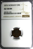 Norway Oscar II Bronze 1876 1 Ore NGC AU58 BN Lion 1ST DATE FOR TYPE KM# 352