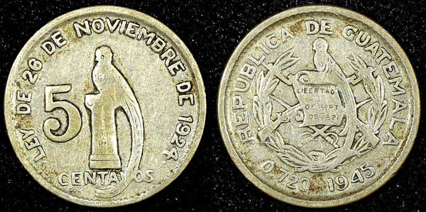 GUATEMALA Silver 1945 5 Centavos  KM# 238.1 (22 862)